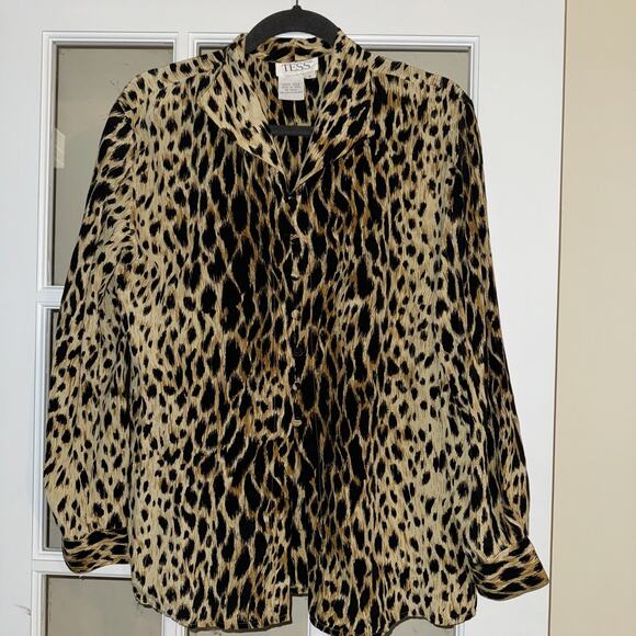 Vintage Tess Silk Shirt Womens 4 Brown Animal Print Button Front Long Sleeve - Picture 1 of 4